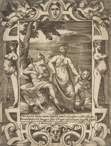 Giove a sinistra in forma di pastore accompagnato da Mnemosine, inserito in un elabo..., 1531-76 da Giulio Bonasone