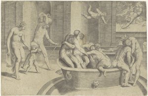 Uomini e donne in una grande vasca da bagno