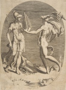 Mercurio presenta un flauto di Pan a Minerva che sta a sinistra, una composizione ovale