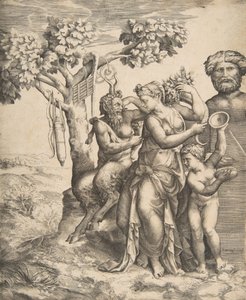 Pan a sinistra seduto accanto a una ninfa in piedi, a destra Cupido che tiene i cembali, 1531-76 da Giulio Bonasone