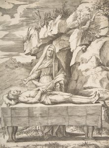 Pietà, Cristo disteso su un tavolo in un paesaggio, la Vergine dietro con le braccia aperte, 1531-76