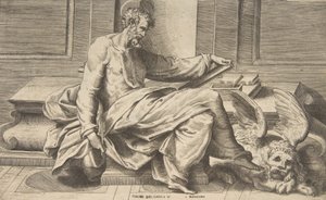 San Marco che scrive il suo vangelo, leone alato a destra da Giulio Bonasone