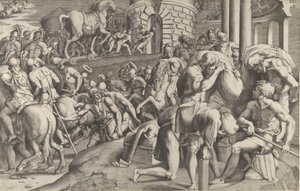 I Troiani trascinano il cavallo di legno a Troia da Giulio Bonasone