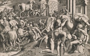 I Troiani che tirano il cavallo di legno nella città da Giulio Bonasone