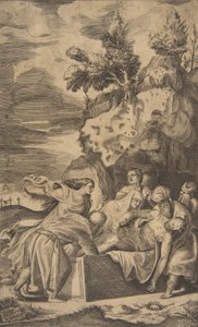 La sepoltura di Cristo, le croci sul Calvario visibili sullo sfondo a sinistra da Giulio Bonasone