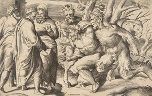 Due satiri portano Sileno, Re Mida in piedi a sinistra, 1531-76 da Giulio Bonasone