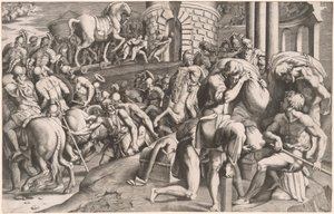 I Troiani trascinano il cavallo di legno a Troia da Giulio Bonasone, after Francesco Primaticcio