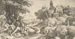 A sinistra quattro pastori con strumenti musicali seduti sotto un gruppo di alberi da Giulio Campagnola