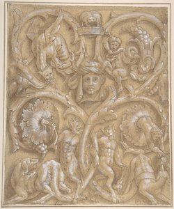 Progetto per un pannello ornamentale con rinceaux, satiri, putti, mostri e una testa umana, 1535-45 da Giulio Campi.