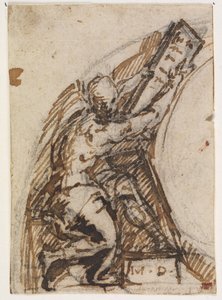 Uomo seduto con tavoletta di scrittura (?). Dettaglio architettonico