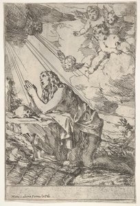 Maddalena penitente inginocchiata su un terreno roccioso davanti a un teschio e ossa, un unguento, ca. 1640-55 da Giulio Carpioni
