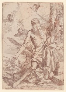 San Girolamo inginocchiato accanto a un albero con le braccia tese