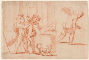 Due putti che portano un terzo putto; un altro putto di spalle da Giulio Carpioni