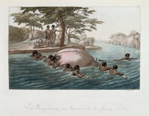 Residenti di Zanzibar che attraversano il fiume Lebee a nuoto - in "Il costume antico e moderno" di Ferrario, ed. Milano da Giulio Ferrario