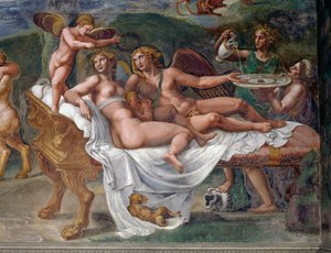 Amore e Psiche con la loro figlia Voluttà (Piacere) sdraiati sul letto, dettaglio dalla Festa nuziale o Banchetto degli dei, affresco di Giulio Romano (1499-1546), Palazzo Te, Mantova (Lista del Patrimonio Mondiale UNESCO, 2008), Lombardia, Italia