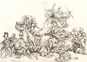 Diomede, ferito da Pandaro, è confortato da Pallade Atena da Giulio Romano