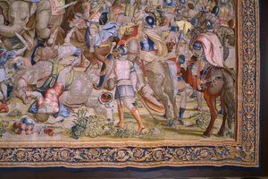 Arazzo fiammingo. Serie Le gesta di Scipione: La battaglia di Zama. Cartonista Giulio Romano. Atelier di Balthasar van Vlierden (?), Bruxelles. 1523-1532. (dettaglio)