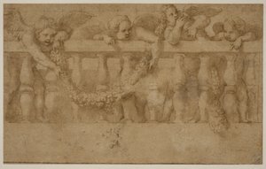 Quattro putti alati che decorano una balaustra con ghirlande