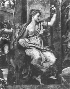 Giustizia, una delle due Virtù che circondano Papa San Urbano I (m.230) Stanze di Raffaello (dettaglio) da Giulio Romano