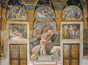 Olimpia sedotta da Giove, Polifemo che sorveglia Aci e Galatea, Pasifae che entra nella mucca costruita da Dedalo, dalla Sala di Amore e Psiche da Giulio Romano