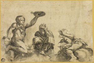 Il Tempo seduto sulle nuvole, affiancato da altri due angeli da Giulio Romano