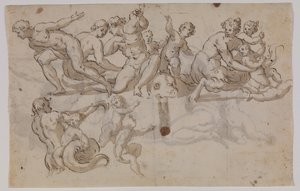 Cavallucci marini, tritoni e putti che cavalcano delfini