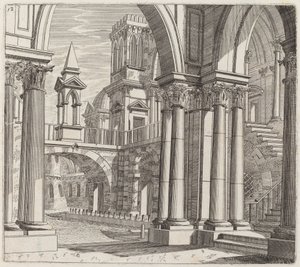 Fantasia architettonica con edifici, scale e portali accanto a un canale da Giuseppe Antonio Landi
