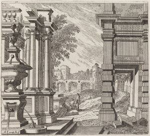 Fantasia architettonica con una fontana, rovine classiche e un ponte