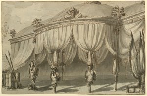 Scenografia, un padiglione con trofei di guerra da Giuseppe Barberi
