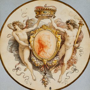 Ritratto ovale di una donna di profilo con una cornice decorativa di grottesche e festoni, con figure allegoriche di Fama e Vittoria ai lati che tengono una corona da Giuseppe Cades