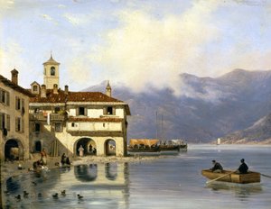 Como. Riva e porto di Menaggio (1850). Dipinto di Canella. Menaggio (Como).