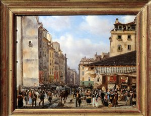 Les Halles e rue de la Tonnellerie nel 1828: vista di Parigi nel XIX secolo da Giuseppe Canella