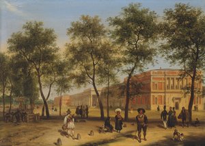 Vista presunta del Paseo del Prado con il Museo del Prado, Madrid, 1827 da Giuseppe Canella