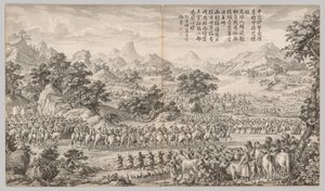 Ricevendo la resa dagli Eli: dalle Scene di battaglia della repressione delle ribellioni nelle regioni occidentali, con poesie imperiali da Giuseppe Castiglione