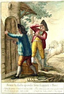 "Non ha senso chiudere la stalla quando i cavalli sono scappati." Incisione del XVIII secolo che illustra una serie di proverbi. Giuseppe Piattoli (1740/50-1818) da Giuseppe Piattoli