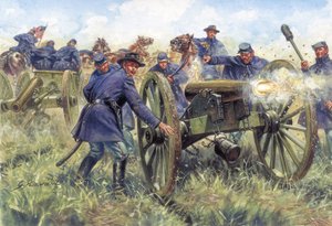 Guerra Civile Americana: Soldati del Nord (Unione) che usano un fucile durante una battaglia - Illustrazione di Giuseppe Rava