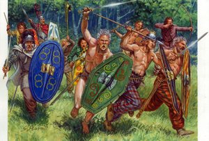 Antichità: carica dei guerrieri galli, uno a sinistra indossa una cotta di maglia - Illustrazione di Giuseppe Rava