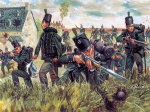 Guerra napoleonica: fucilieri britannici del 95º Reggimento difendono una cava di sabbia alla battaglia di Waterloo 18/06/1815 da Giuseppe Rava