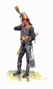 Ritratto di Joachim Murat (1767-1815) giovane soldato in uniforme da cacciatore - Ritratto del giovane Joachim Murat in uniforme da cacciatore a cavallo - Illustrazione di Giuseppe Rava da Giuseppe Rava