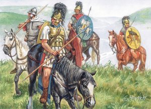 Antichità romana (Repubblica): un gruppo di cavalieri romani - Illustrazione di Giuseppe Rava