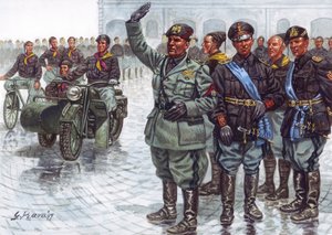 Il Duce Benito Mussolini (1883-1945), accompagnato dalle sue Camicie Nere, fa il saluto fascista durante una parata militare - Benito Mussolini e le Camicie Nere durante una parata militare - Illustrazione di Giuseppe Rava da Giuseppe Rava