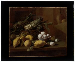 Natura morta di cucina con carciofi, asparagi, limoni e uova
