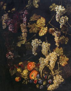 Natura morta con uva, foglie di vite e altra frutta