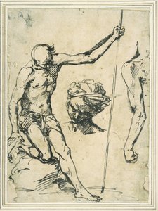 Studi di figura: uomo che tiene un palo, testa di un uomo con turbante e un braccio sinistro visto da dietro da Giuseppe Ribera