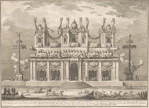 La seconda macchina per la Chinea del 1765: un edificio decorato con pali di cuccagna