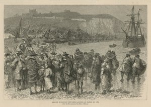Gli ugonotti in Inghilterra: I rifugiati ugonotti francesi sbarcano a Dover nel 1685 (incisione)