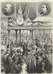 La Regina posa la prima pietra della nuova sala medica sul Victoria Embankment (incisione) da Godefroy Durand