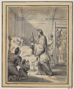 Uomo sul letto di morte con prete e altri da Godfried Maes