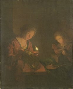Fuoco e Luce (Una Ragazza Pone una Candela in una Lanterna e un Ragazzo Soffia sui Carboni in un Braciere)