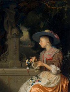 Donna che intreccia una corona di fiori da Godfried Schalcken
